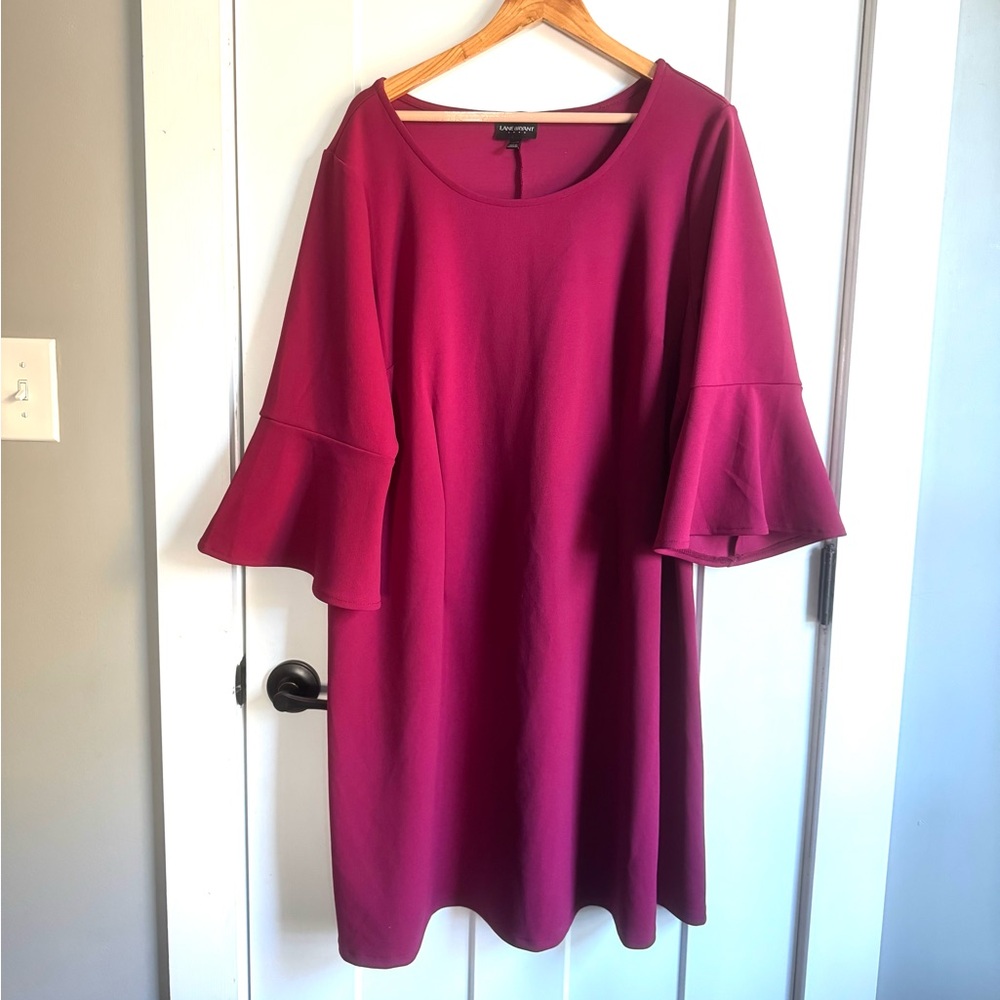 LANE BRYANT PINK DRESS 3/4 BELL SLEEVE FEMININE FORMAL SIZE 22 FLOUNCE NWT